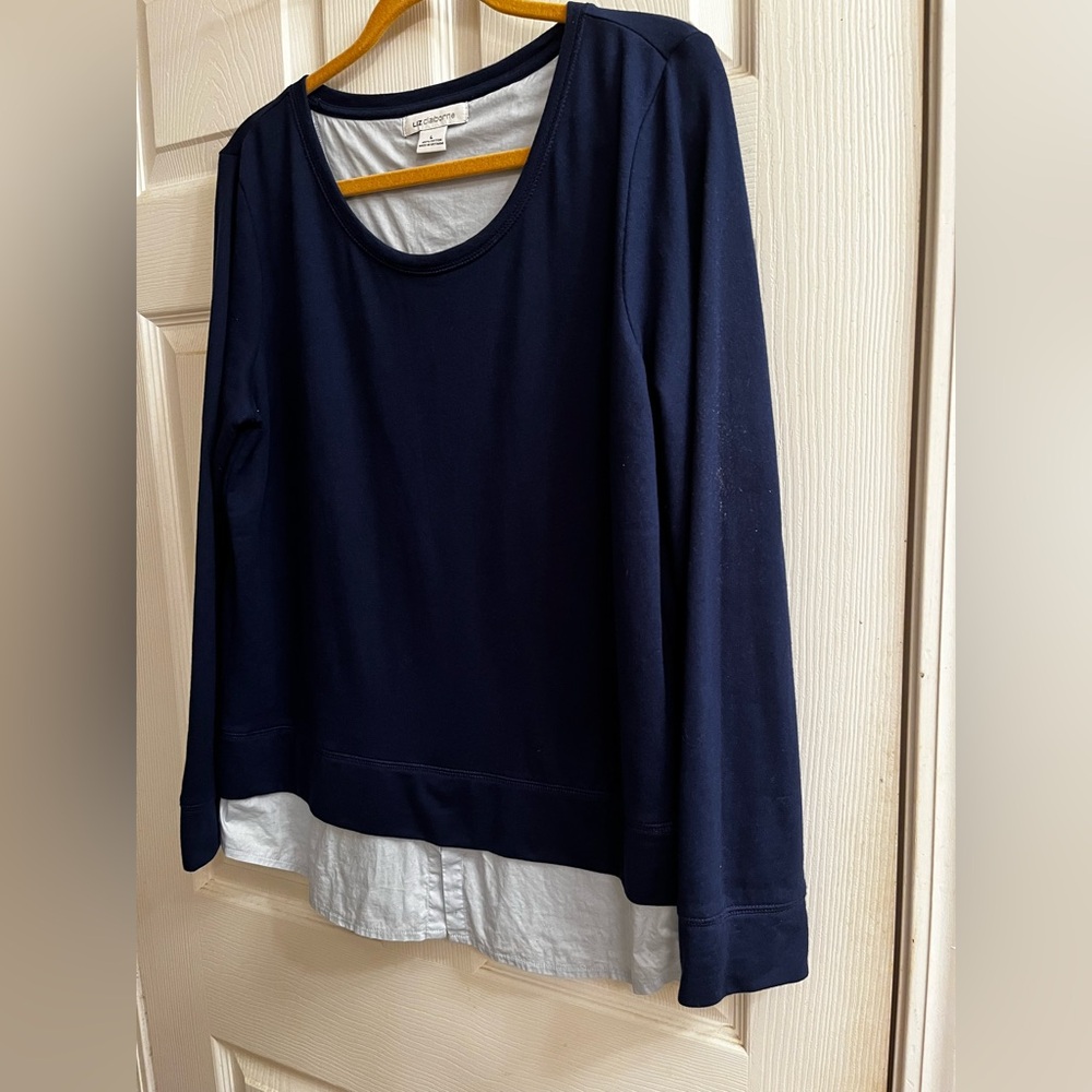 Liz Claiborne~Navy ~Blue Long Sleeve Top with  light blue Layer~Lg - Picture 6 of 9